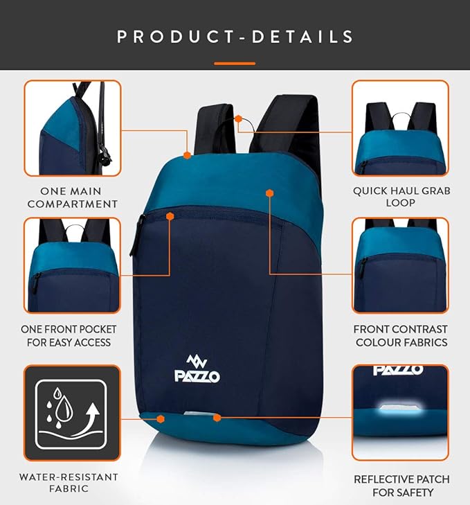 PAZZO Small Bag For Daily Use - 1 Compartment Mini Backpack For Hiking Camping Rucksack (Blue, 12)