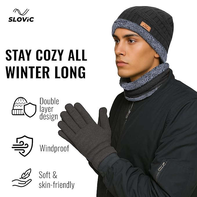 SLOVIC Winter Cap for Men & Women | Neck Scarf, Gloves & Acrylic Woolen Cap | Winters Wear for Men | Thermal Wear Winter-Caps for Women | Breathable, Lightweight & Windproof
